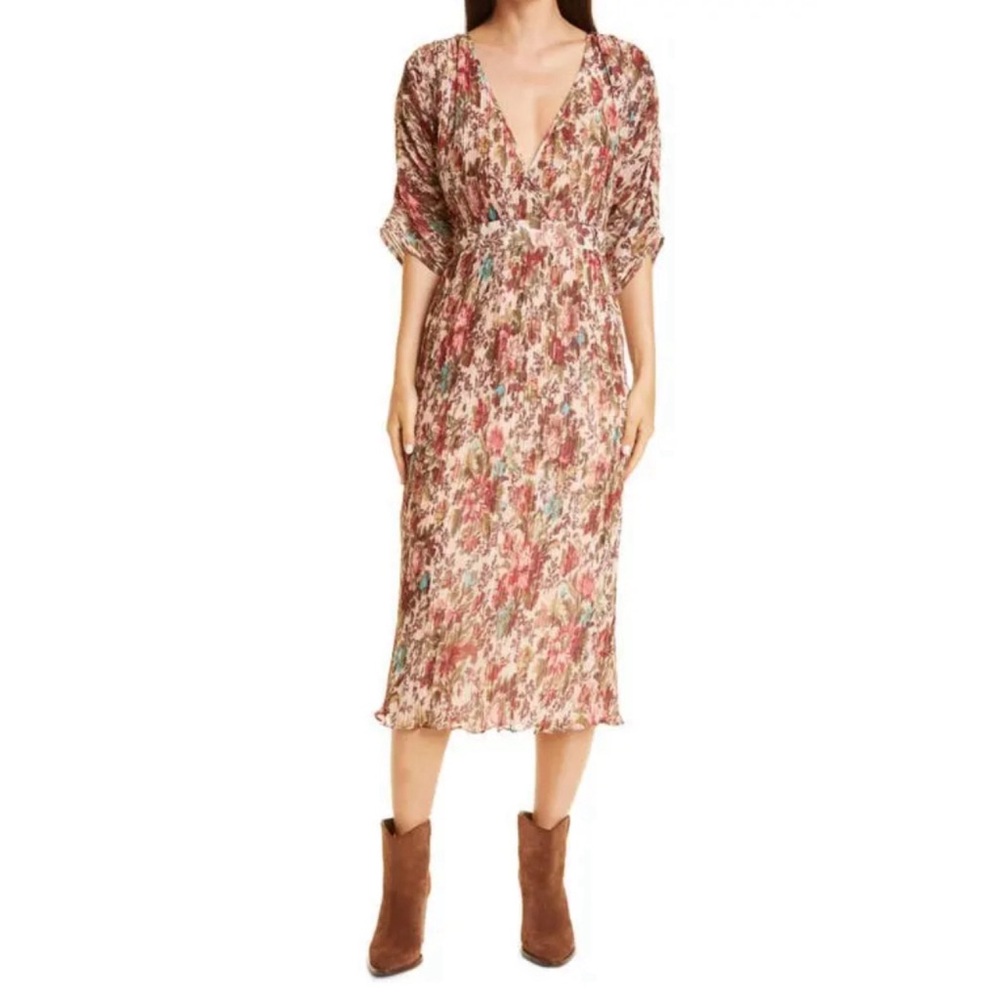 ByTimo Plisse Vintage Field Floral V-Neck Pleated Midi Dress NWT